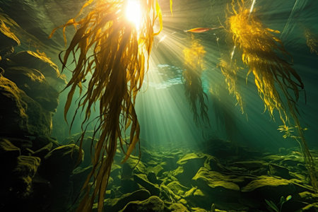 underwater kelp forest with sun rays, created with generative aiの素材