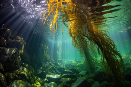 underwater perspective of kelp canopy, created with generative aiの素材