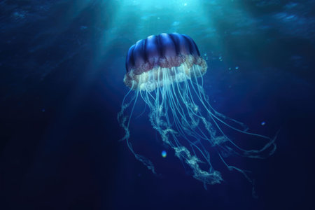 jellyfish floating gracefully in the deep blue sea, created with generative aiの素材