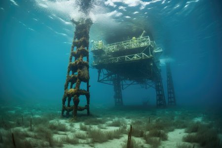 wide-angle view of oil rig legs disappearing into the deep, created with generative aiの素材