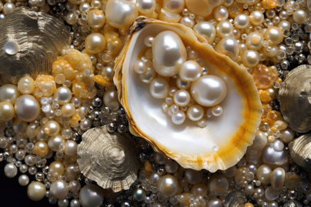 close-up of oyster shells with pearls inside, created with generative aiの素材