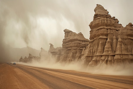 sandstorm sweeps over rock formations in the desert, created with generative aiの素材