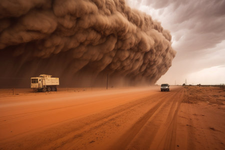 intense sandstorm over a cracked desert ground, created with generative aiの素材