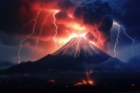 dramatic volcanic eruption with lightning bolts, created with generative aiの素材