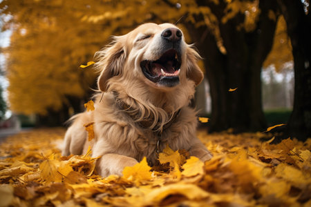 a dog sneezing near a pile of yellow leaves in autumn, created with generative aiの素材