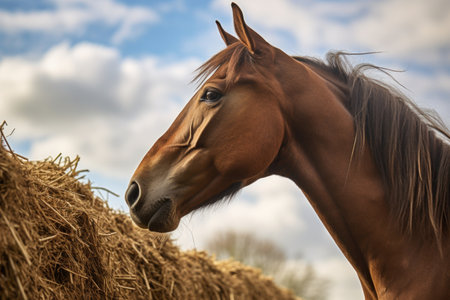 profile view of a horse mid-sneeze, with hay in the background, created with generative aiの素材
