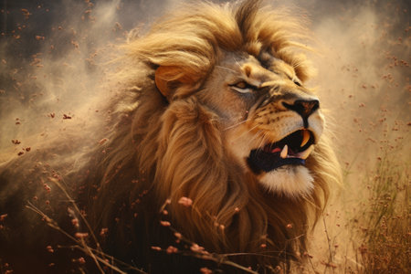 a lion mid-sneeze in the savanna, dust particles visible, created with generative aiの素材