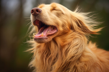 side view of a sneezing dog, tongue lolling out, created with generative aiの素材