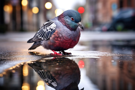 a pigeon gazing at its reflection in a city puddle after rain, created with generative aiの素材