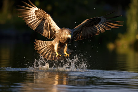 a hawk swooping down to a fish from a pond, created with generative aiの素材
