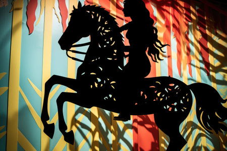 shadow of a paper cut-out of a carousel horse on a vibrant background, created with generative aiの素材