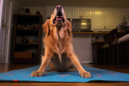 a golden retriever playfully tugging at a yoga mat, created with generative aiの素材