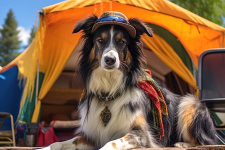 a border collie wearing sunglasses and a hat, sitting by a camping tent, created with generative aiの素材