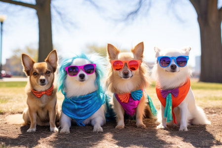 a group of small breed dogs wearing colorful sunglasses at a park, created with generative aiの素材