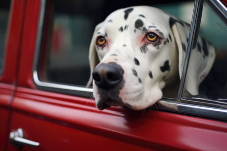 close-up shot of a dalmatians snout poking out of a vintage cars window, created with generative aiの素材