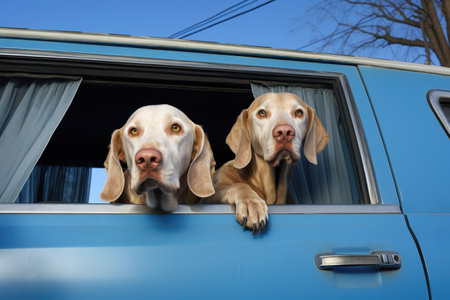 a pair of labrador retrievers with their heads out of a blue station wagons windows, created with generative aiの素材