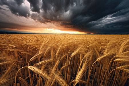 a golden wheat field under a stormy sky, created with generative aiの素材
