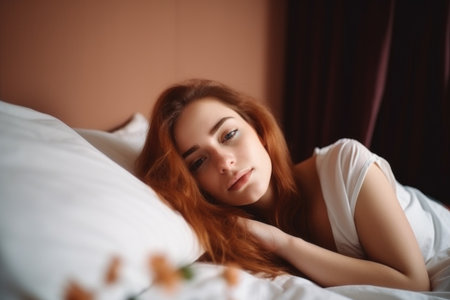 a beautiful young woman lying on her bed, created with generative aiの素材