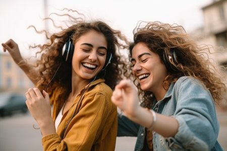 happy and dancing woman bonding with a female friend while listening to music on earphones, created with generative aiの素材