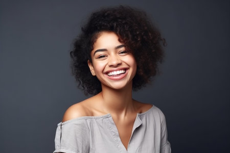 a cropped shot of a beautiful young woman smiling and posing in the studio, created with generative aiの素材