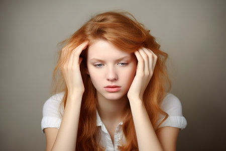 a young woman sitting in front of you and holding her head, created with generative aiの素材