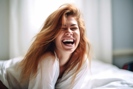 portrait of a young woman laughing while lying on her bed, created with generative aiの素材