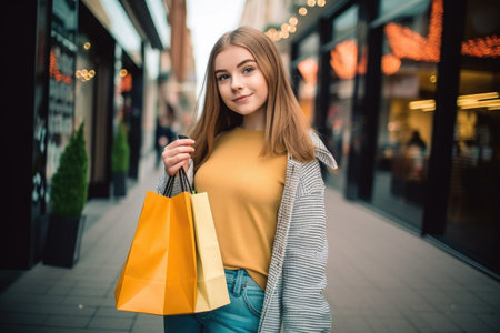a pretty teenage girl holding her credit card and shopping bags, created with generative aiの素材
