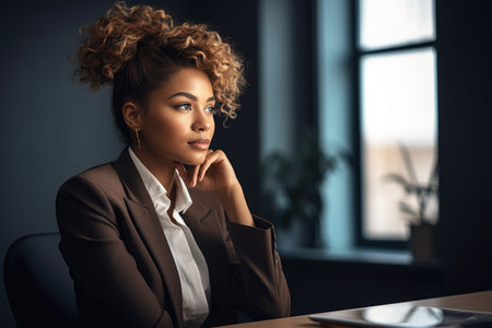 cropped shot of an attractive young businesswoman sitting in her office, created with generative aiの素材