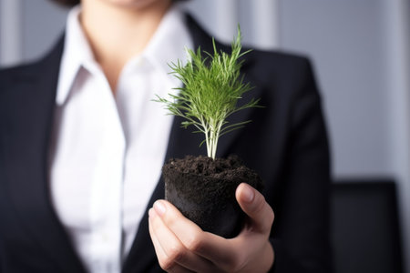 close up shot of an unrecognisable businesswoman holding a plant growing out of soil, created with generative aiの素材