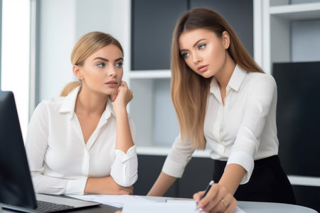 cropped shot of two attractive young female colleagues working in their office, created with generative aiの素材