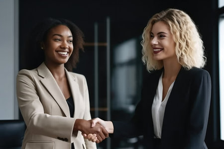 cropped shot of two smiling businesswomen shaking hands in their office, created with generative aiの素材