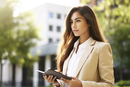 cropped shot of a young businesswoman using her digital tablet outside, created with generative aiの素材