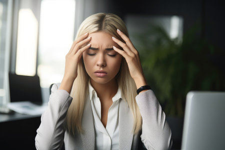 cropped shot of a young businesswoman looking stressed out in the office, created with generative aiの素材