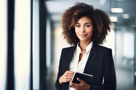shot of an attractive young businesswoman using a digital tablet in the office, created with generative aiの素材