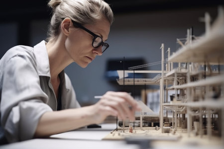 cropped shot of an unrecognizable female architect making notes while working on a scale model, created with generative aiの素材