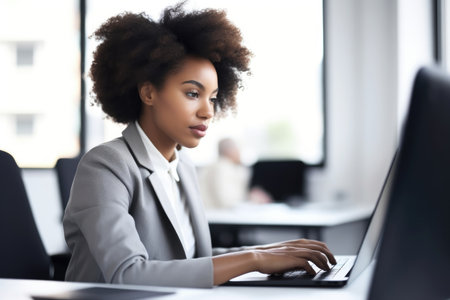 cropped shot of a young businesswoman using her laptop in the office, created with generative aiの素材