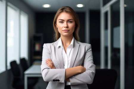 cropped portrait of a young businesswoman standing in an office, created with generative aiの素材