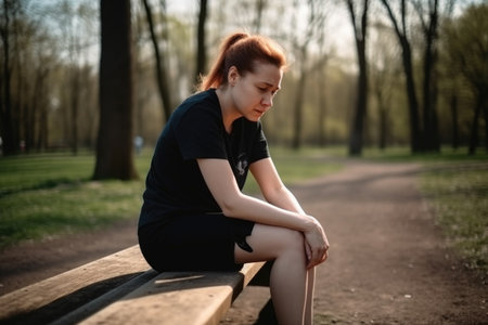 woman, nature and exercise for workout training at park with pain, risk or breathing problems, created with generative aiの素材