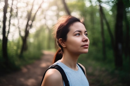woman, nature and exercise for workout training at park with pain, risk or breathing problems, created with generative aiの素材