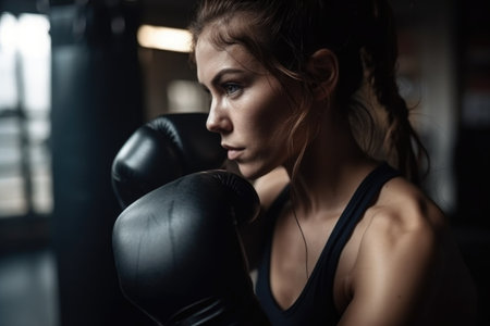 woman, pushing and boxing in start fitness training for an exercise, workout or body building routine, created with generative aiの素材