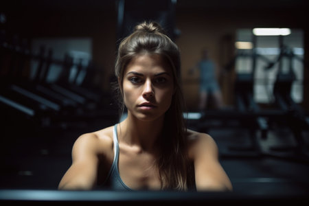 portrait of a young woman working out on a rowing machine at the gym, created with generative aiの素材