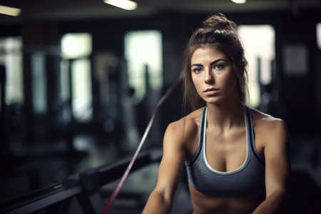 portrait of a young woman working out on a rowing machine at the gym, created with generative aiの素材