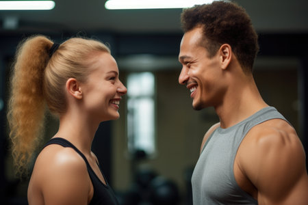 couple looking at each other while working out, thinking of something funny and smiling, created with generative aiの素材