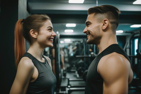 couple looking at each other while working out, thinking of something funny and smiling, created with generative aiの素材