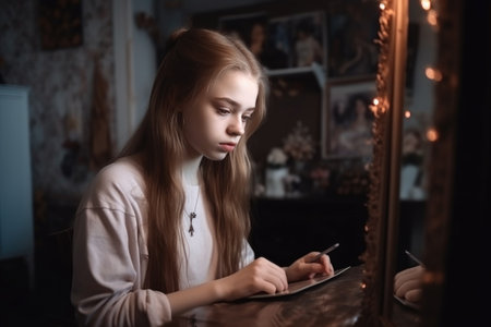tablet, thinking and portrait of a teen girl in her bedroom on social media, research or streaming, created with generative aiの素材