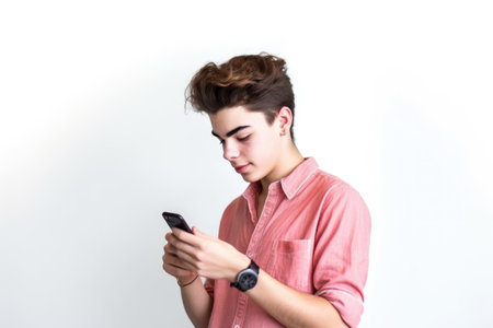 portrait, texting and teenager with phone on wall screen in studio isolated on white background, created with generative aiの素材