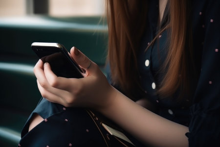 phone, texting and hands of a teenager girl in college studying, reading or browsing social media, created with generative aiの素材