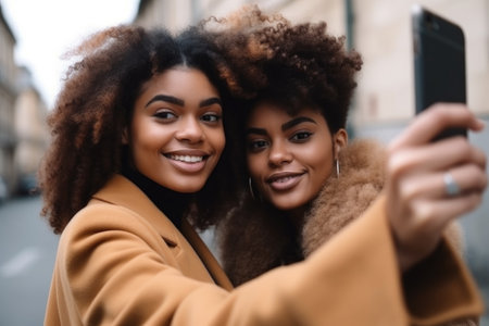 friends, black woman and phone ready for instagram selfie, social media or online content, created with generative aiの素材