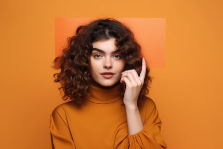 portrait of a young woman holding up copyspace in front of her face, created with generative aiの素材