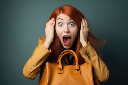 shot of an excited young woman holding a handbag in front of her face, created with generative aiの素材